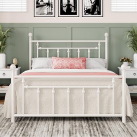Allewie 14 Inch Queen Size Metal Platform Bed Frame with Victorian Vintage Headboard and Footboard/Mattress Foundation/Under Bed Storage/No Box Spring Needed/Easy Assembly/Noise Free/White
