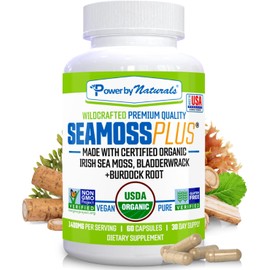 Power By Naturals Sea Moss Plus - USDA Organic Irish Sea Moss Capsules w/Wild Harvested Irish Seamoss, Bladderwrack & Burdock Root Immunity Supplement Sea Moss Pills for Adult 60Ct - 1 Pack