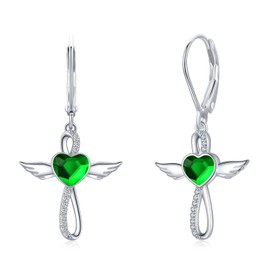 Angel Wings Cross Earrings For Women 925 Sterling Silver Hypoallergenic Green Crystal Heart Dangle Drop Jewelry Gifts