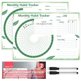 SOL 2pk A4 Magnetic Monthly Habit Tracker with 2pk Pens Motivational Goal Board Tracker Journal Workout Journal inspirational Calendar Daily Habit Tracker Journal Habit Calendar Clear Habit Journal