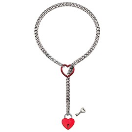 paloli Womens Slip Chain Necklace Heart O-Ring, Punk Rock Cuban Long Necklace Jewelry For Women, Adjustable Lariat Y-Necklace Heart Locker With Key (Silver-Red, 24'')