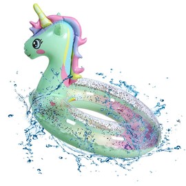 Unicorn Inflatable Swimming Ring, Inflatable Pool Float, Green Unicorn Float Inflatable Pool Ring with Glitters Swimming Seat Boat, Toddler Waist Baby Pool Float Ring70cm
