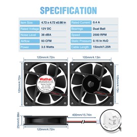 Wathai IP68 120mm x 25mm 12V Waterproof Exhaust Cooling Fan High Performance Dual Ball 12 Volt Fan 2Pin for DIY RV Refrigerator, Grow Tent, Terrarium Ventilation Cooling
