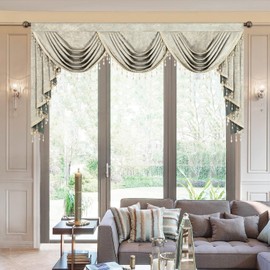 VOGOL European Style Velvet Valances, Elegant Textured Printed Waterfall Valance with 3 Swag, Luxury Light Reducing Drapes for Living Room, 79 Inches Wide, 1 Panel