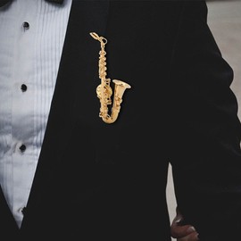 Saxophone Brooch Miniature Musical Instrument Fashion Women Lapel Brooch Gold Tone Saxophone Brooches with Instrument Case Metal Miniature Gold Tone Saxophone Decoration, Gold Plated