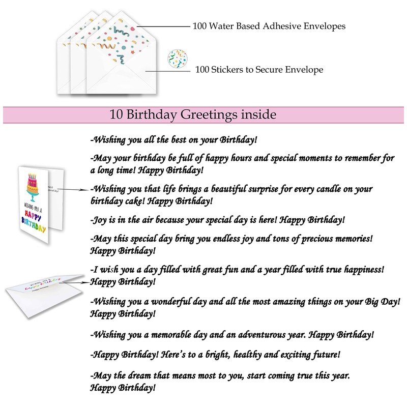 100 Happy Birthday Cards Bulk, Large 5x7 Inch Assorted, with