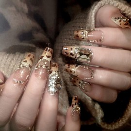 Leopard Print French Tip Press on Nails Coffin Medium Fake Nails with Luxury Rhinestones Designs Glossy Acrylic Nails Press ons Full Cover Glue Stick on Nails for Womem 24 Pcs