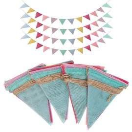Witgift Pack of 4 Bunting Outdoor Weatherproof Garland Birthday, 48 Sheets Faux Linen Bunting, Bunting Fabric, Ideal for Decoration, Garden Party, Happy Birthday Garland, Decoration, School Decoration