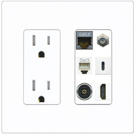 RiteAV Cat7 Coax HDMI Phone Toslink USB-C Wall Plate - Tamper-Resistant Outlet [Screwless White]