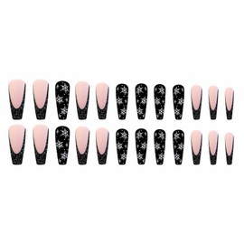 MISUD Press on Nails - Long Coffin Fake Nails with Black French Tip, Acrylic Snowflake Design 24 pcs