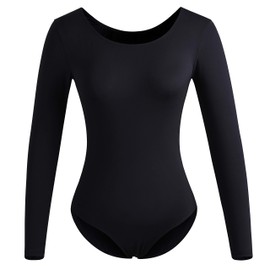 DANSHOW Women Long Sleeve Dance leotards for Ballet Adult lady Train top, Black, X-Large