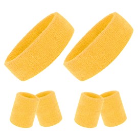 BEFORYOU 2 Sets Striped Sweatbands Set, 2 Pieces Sports Headband and 4 Pieces Wristbands, Yellow, American Flag Style for Men and Women