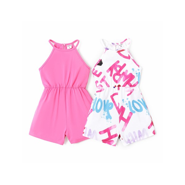 PATPAT Girls 2-Pack Sleeveless Romper Pink Heart Letter Printed Halter