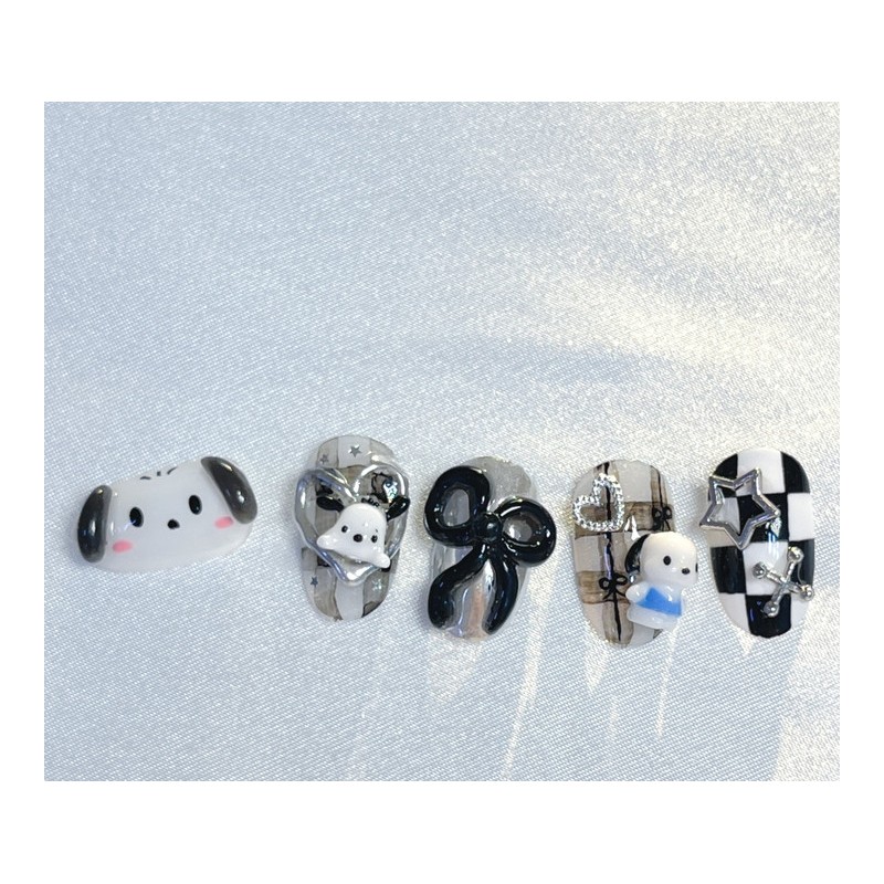 [Premium handmade embossed nails] Black dog nails - round /