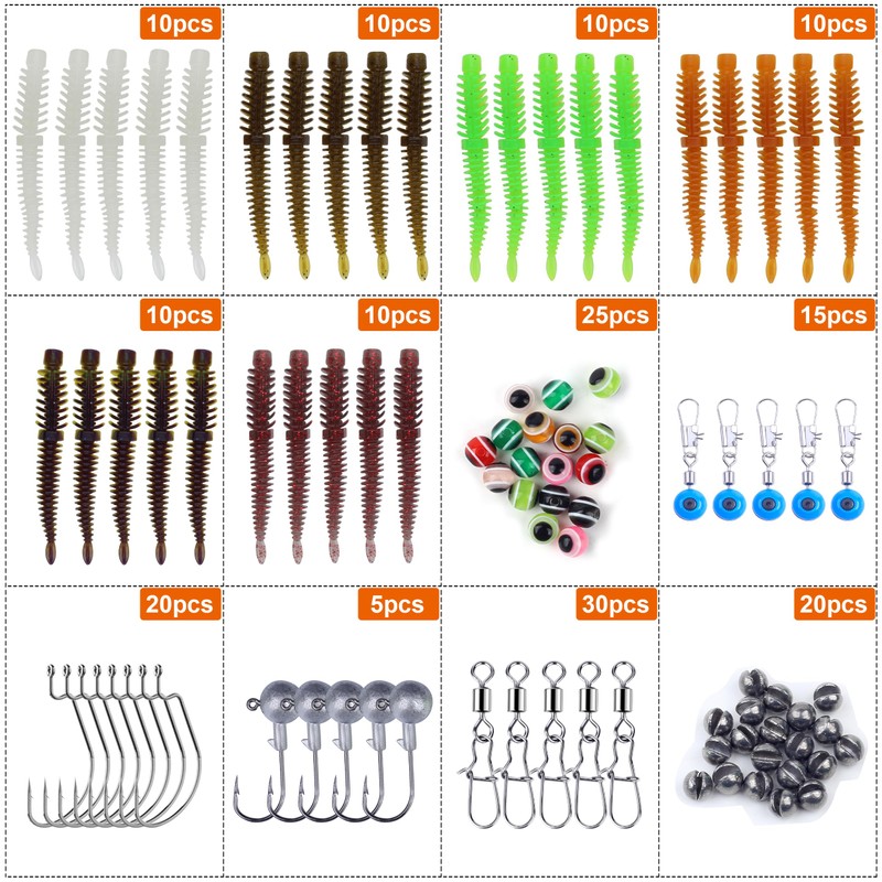 Tbbure 175 Pcs Fishing Soft Lures TPE Threaded Bait Equipment