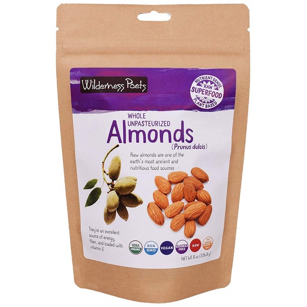 Wilderness Poets Unpasteurized Almonds, Raw Organic Nuts (8 Ounce - Half Pound)