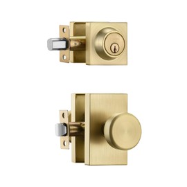 STARPY Gold Door Knobs Interior with Lock, Satin Brass Exterior Door Lock Set with Deadbolt
