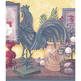 CONCORD WALLCOVERINGS ™ Wallpaper Border Country Pattern Hens Roosters Baskets Eggs Plants for Kitchen Farmhouse, White Yellow Green Grey Red Blue Brown, 10.25 Inches by 15 Feet CUP3342