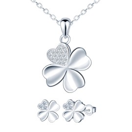 MICMIF Women's Silver Jewellery Set with Cubic Zirconia Four Leaf Clover Earrings and Necklace for Women Girls, Stud Earrings Clover and Chain Pendant Clover Set, Sterling Silver Gemstone, Cubic