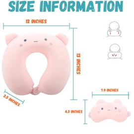 Kids Neck Pillow for Travel with Sleep Eye Mask, Cute Travel Neck Pillow, Memory Foam Flight Sleeping Headrest Pillow for Boys & Girls, Airplane, Train, Car, Home Use - Peach Bear