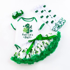 AGQT Newborn Baby Girls St. Patrick’s Day Outfit 4Pcs Green Shamrock Romper Tutu Skirt Set 0-3 Months(59)