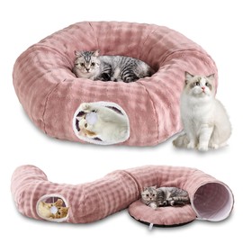 Yaning Bubble Cat Tunnel for Indoor Cats, Round Peekaboo Cave Toy with Dangling Balls, Donut Tunnel Bed with Circle Mat for Puppy Kitten Rabbit, Dusty Pink