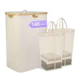 145L Double Laundry Basket with Lid, 2 Section Dirty Clothes Hamper with 2 Removable Bags for Bedroom, Bathroom, Dorm, Beige