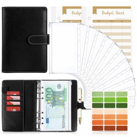 Taope Budget Planner, 6-Ring A6 Budget Binder, Money Organiser, with Soft Pockets, Notebook, Cash Envelopes, Household Expense Book with Money Compartments, Pure Black