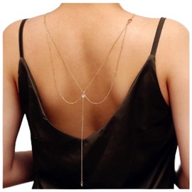 Yheakne Boho Crystal Back Chain Necklace Gold Cz Backdrop Necklace Rhinestone Bridal Back Drop Chain Body Chain Summer Beach Body Jewelry for Women and Girls