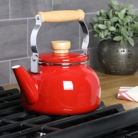 Mr. Coffee Quentin 1.5 QT Enamel On Steel Tea Kettle w/Wood Handle – Red