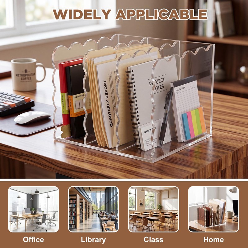 Suzile Scalloped Acrylic Magazine File Holder, 3-Compartment 4mm Thick, Clear