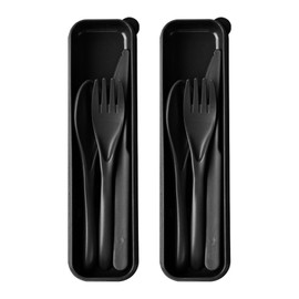 Travel Utensils with Case, 2 Sets Reusable Utensils Set with Case, Wheat Straw Utensils for Lunch Box Accessories, Camping Utensil Set for School Work Lunch or Daily Use（Black）
