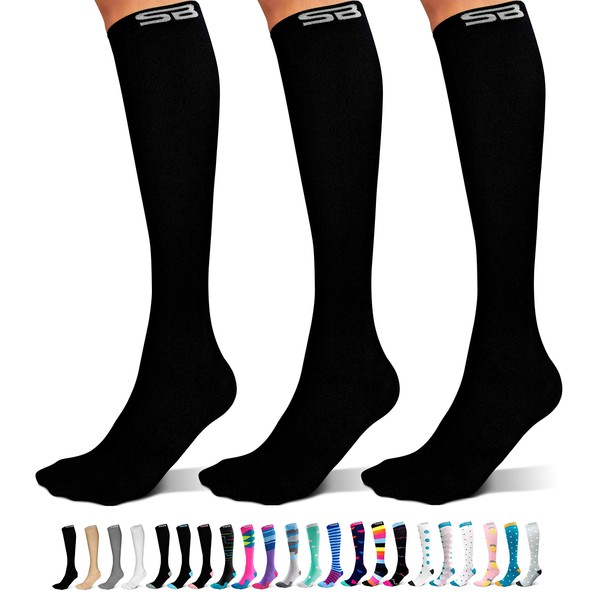 SB SOX 3-Pair Compression Socks (15-20mmHg) for Men & Women – Best Socks for All Day Wear! (L/XL, 01 – Solid Black)