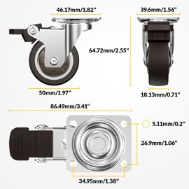 50 mm Furniture Castors Small Set of 4 Castors with Brakes Wheels for Furniture Small with 40 kg Total Capacity (2 Rubber Castors with Brakes and 2 Without)