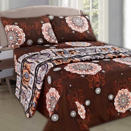 Tache Bed Sheet Set Twin Size 3 Piece Dark Chocolate Brown Fancy Printed Medallion Paisley Patterned Super Soft Easy Care Microfiber Fitted and Flat Complete Bed Sheet Set, Twin