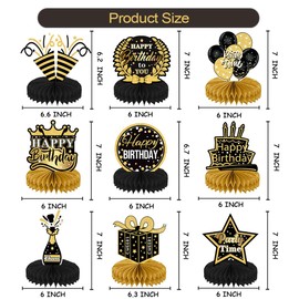 9 PCS Happy Birthday Party Table Decorations, Black and Gold Birthday Centerpieces for Tables, Birthday Honeycomb Table Centerpieces Birthday Table Topper for Women Men Birthday Party Supplies