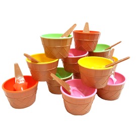Dondor Enterprises - Tazas de helado de plástico con cucharas, cuencos de postre festivos, colores surtidos (paquete de 12 unidades)