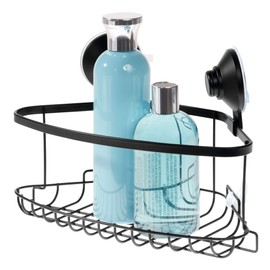 iDesign Everett Metal Push Lock Suction Corner Shower Caddy, Extra Space for Shampoo, Conditioner, and Soap with Hooks for Razors, Towels, Loofahs, and More, 5.58" x 10.58" x 6.67", Basket