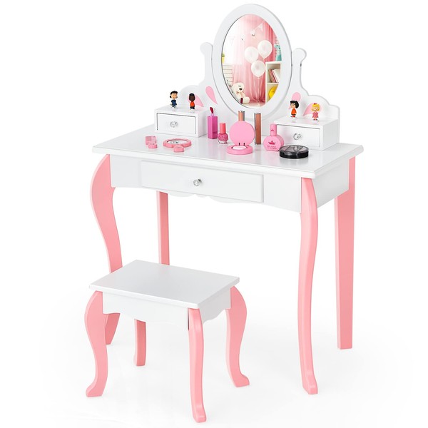 KOTEK Kids Vanity Set w/Mirror and Stool, 2 in 1