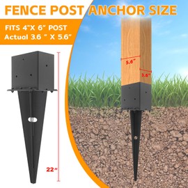 4 Set 4"x 6" Fence Post Anchor Ground Spike, 22" Heavy Duty Metal Fence Stake Post Bases (Inner Size 3.6"x5.6") with Black Powder Coated for Fence, Deck, Railing, Mailbox and Porch