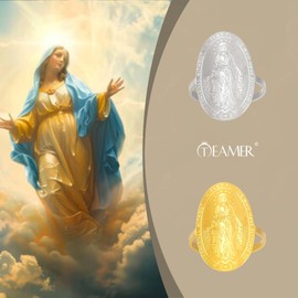TEAMER Miraculous Virgin Mary Medal Ring Stainless Steel Resizable Mary Medallion Ring Religious Faith Protection Jewelry For Women Men (Silver)