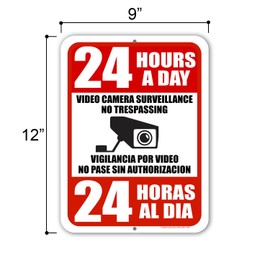Honey Dew Gifts, 24 Hours a Day Video Camera Surveillance No Trespassing, Security Camera Sign, English Spanish Espanol Bilingual Signs, Security Metal Sign, 9 inch by 12 inch, HDG-1595
