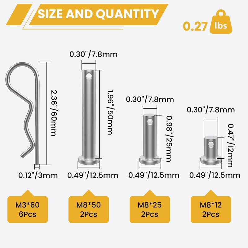 12Pcs M8 Clevis Pin and M3 X 60 R Shape