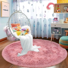 Awaytail Round Fluffy Rug 4FT Blush - Super Soft Circle Rug for Kids Room - Shaggy Circular Rugs for Nursery Fuzzy Plush Rugs for Teen's - Furry Carpet for Boys Girls Room