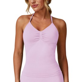 ABOCIW Womens Sports Bra Impact Longline Strappy Top Seamless V Neck Backless Yoga Workout Top with Built-in Bra Gym Athletic Crop Tops Pink Small