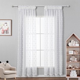 MYSKY HOME Curtain White Set of 2 Curtains with Ruffle Tape Sheer Voile Curtain Children's Room Curtains Living Room Modern Embroidery Transparent Decorative Curtain for Bedroom H 225 x W 140 cm White