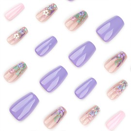 Cute Flower Press on Nails Medium Ballerina Fake Nails Purple Pink Acrylic Nails Spring False Nails with 3D Floral Designs Reusable Glue on Nails Gloss Stick on Nails for Women Girls 24Pcs