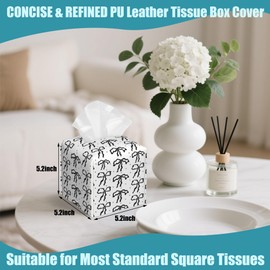Cute Ribbons Bows Tissue Box Cover,Black Stars Tissue Box Holder Square,Waterproof Leather Organizer Portable Decorative Facial Paper for Bedroom Dresser Night Stand Office Desk,5.2" x 5.2" x 5.2"