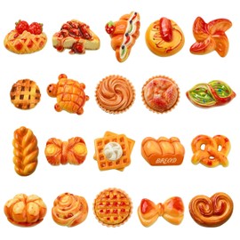 Stiesy - 40 unidades, 20 estilos para hornear, diseño de resina opaca, abalorio planas de pan de imitación, sin agujeros, cruasanes, tostadas, pan, gofres, decoración de alimentos, cabujón, para