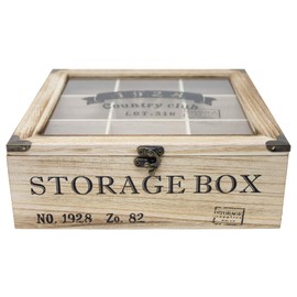 ToCi Tea Box Natural Wood Tea Box Tea Bag Storage Rectangular (6 Compartments) and Square (9 Compartments) Storage Box in Retro Look